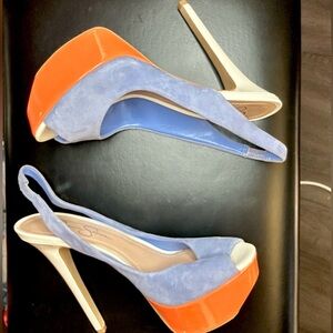 Jessica Simpson, Suede Blue and Orange Platform Stiletto Heels, size 9.5